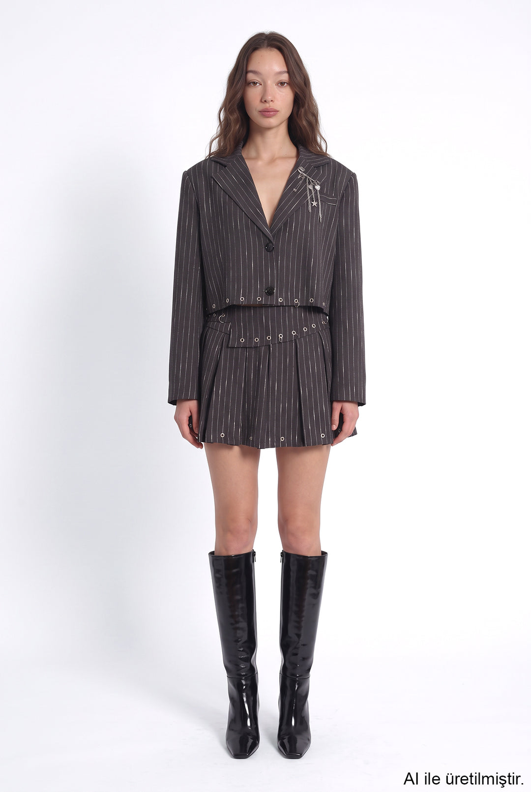 Çizgili Kuşgözü Detaylı Crop Blazer Ceket Antrasit