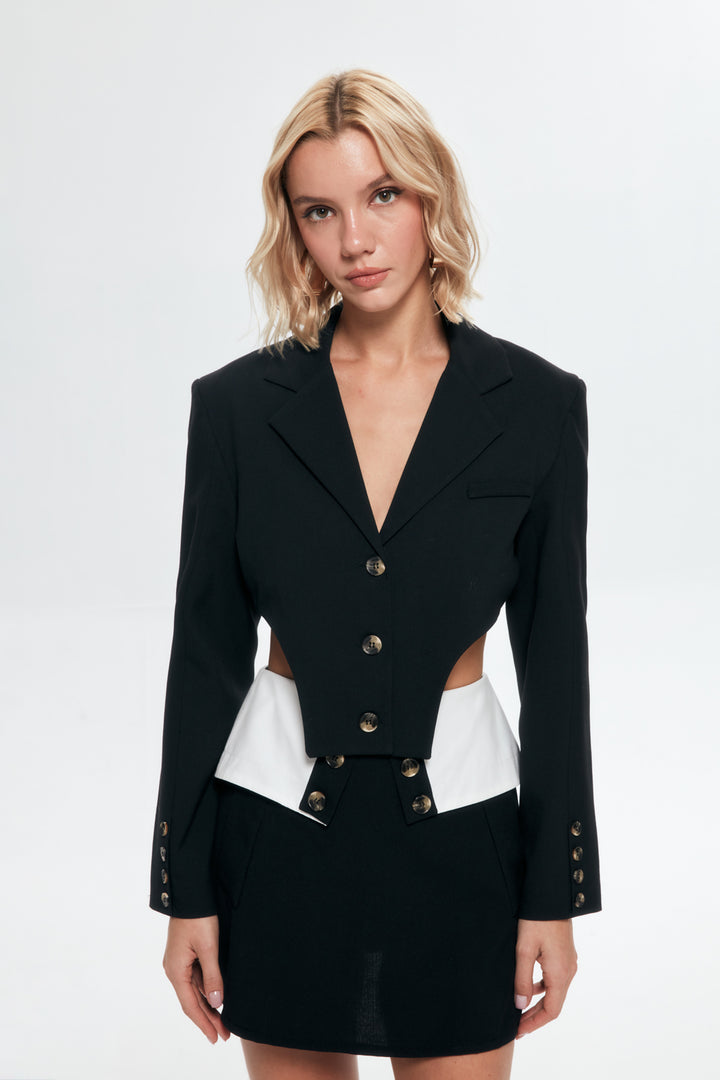 Asymmetrical Buttoned Crop Blazer Jacket Black