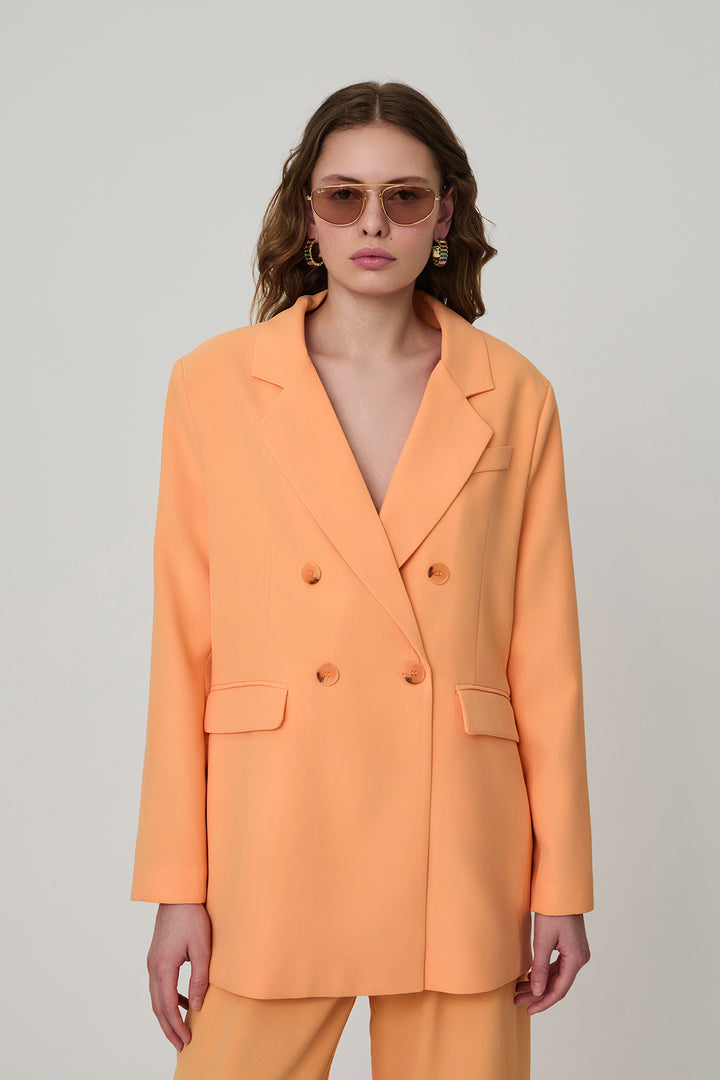 Düğme Detaylı Kruvaze Yaka Oversize Blazer Ceket Somon