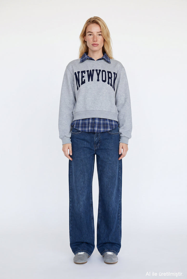 Ekose Garnili New York Yazılı Oversize Sweatshirt Grimelanj
