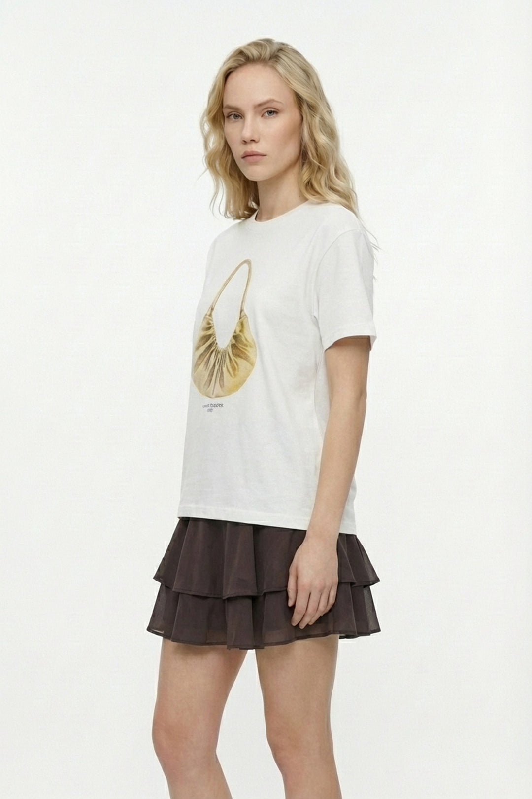 Çanta Baskılı Bisiklet Yaka Tişört Ekru