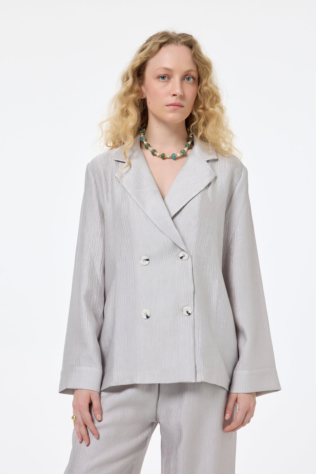 Dokulu Oversize Blazer Ceket Gri