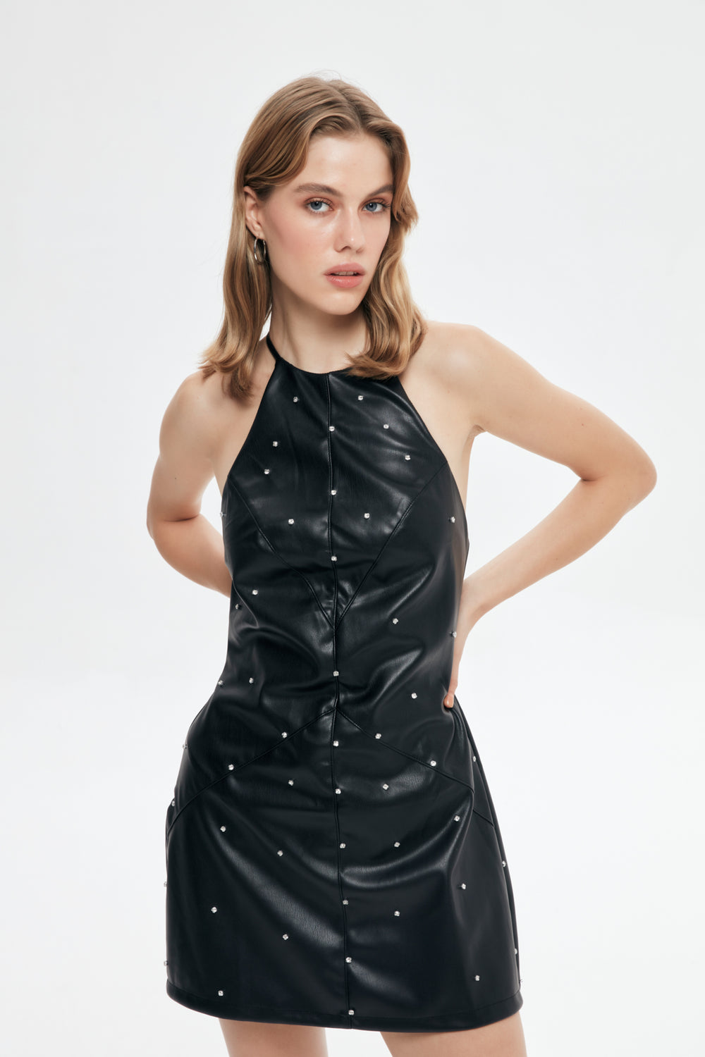 Halter Neck Stone Leather Mini Dress Black