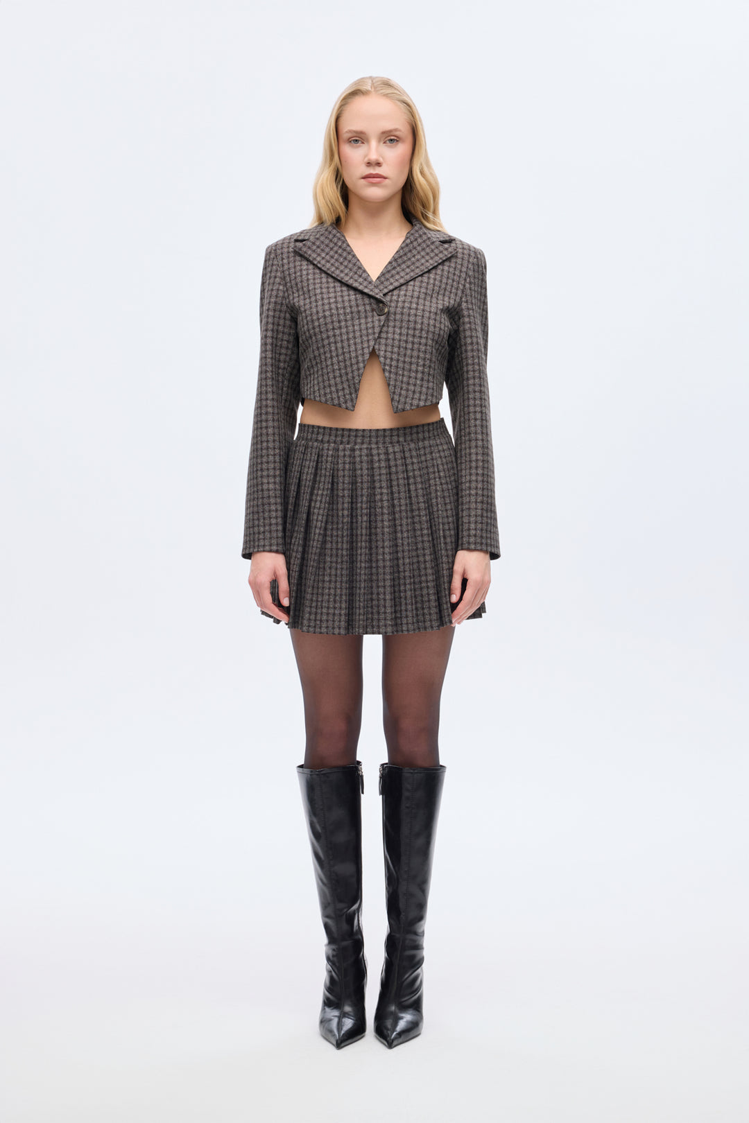 Ekose Tek Düğmeli Crop Blazer Ceket Kahverengi