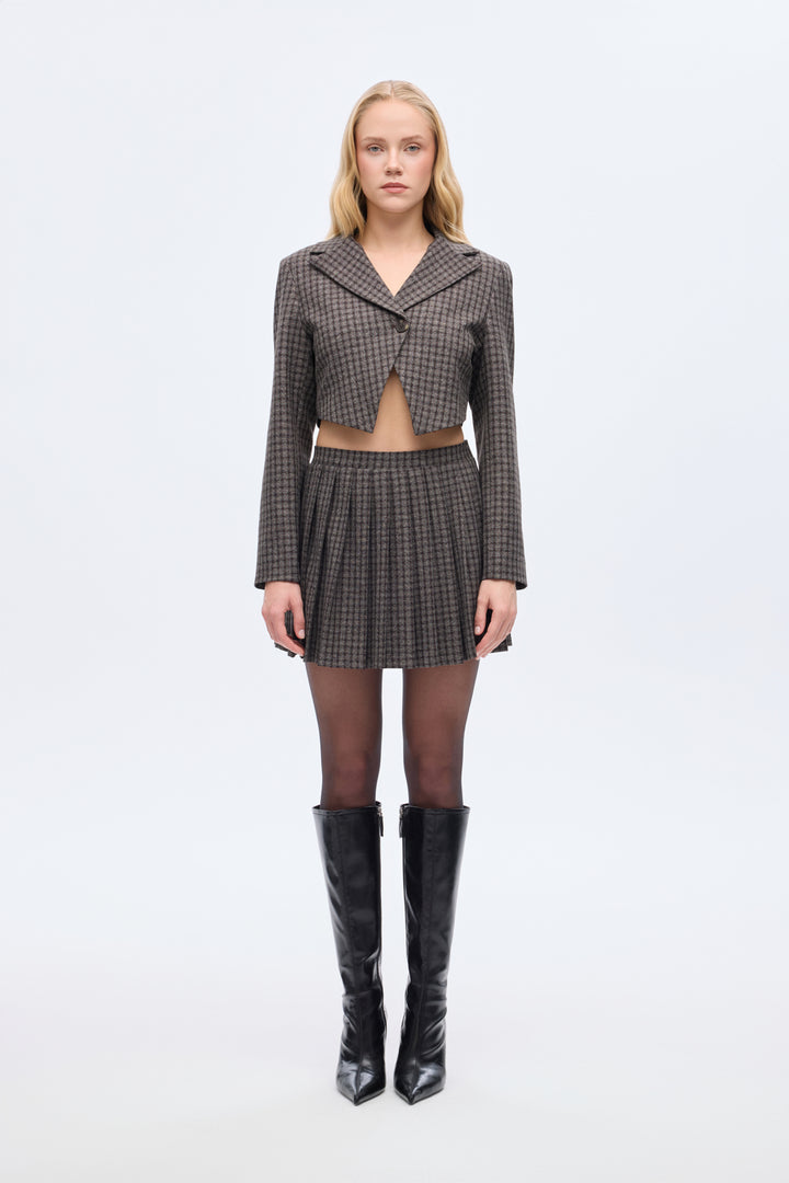 Ekose Tek Düğmeli Crop Blazer Ceket Kahverengi