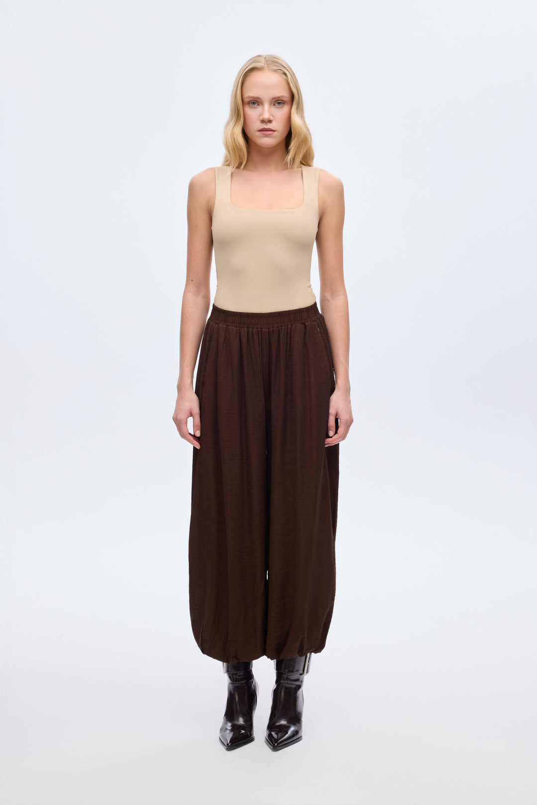 Beli Lastikli Pileli Şalvar Pantolon Kahverengi