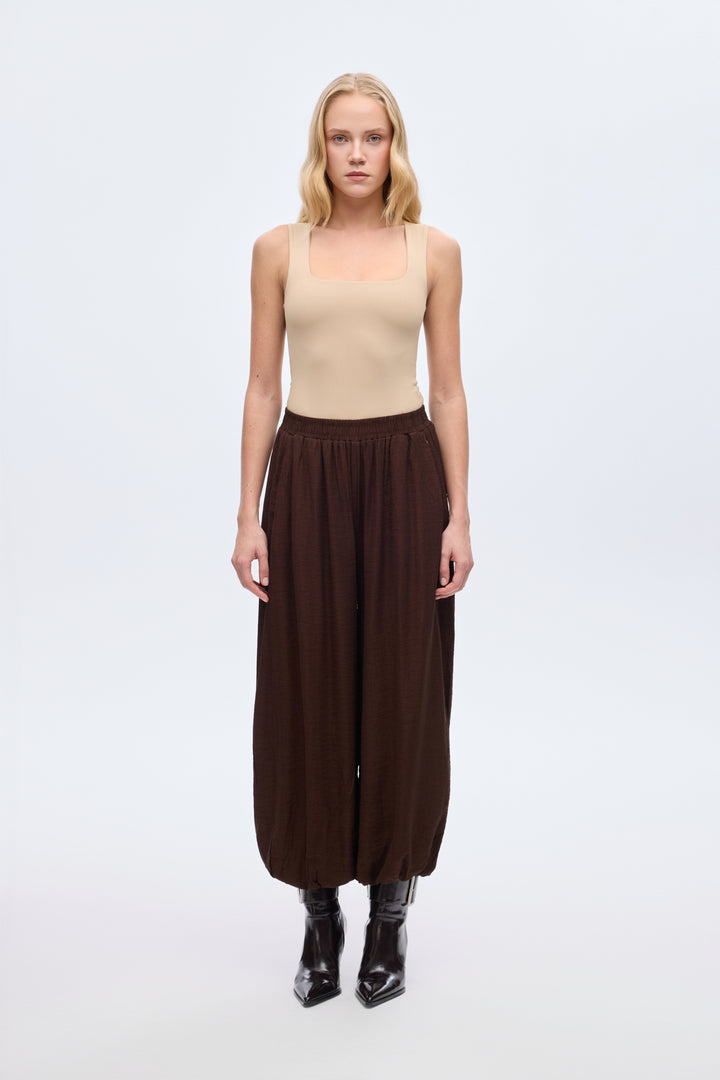 Beli Lastikli Pileli Şalvar Pantolon Kahverengi