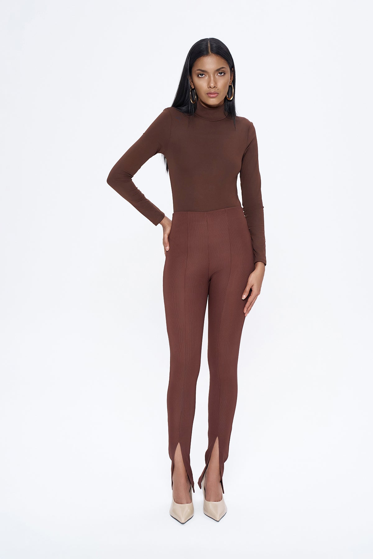 Elastic Waist Slit Trousers Brown