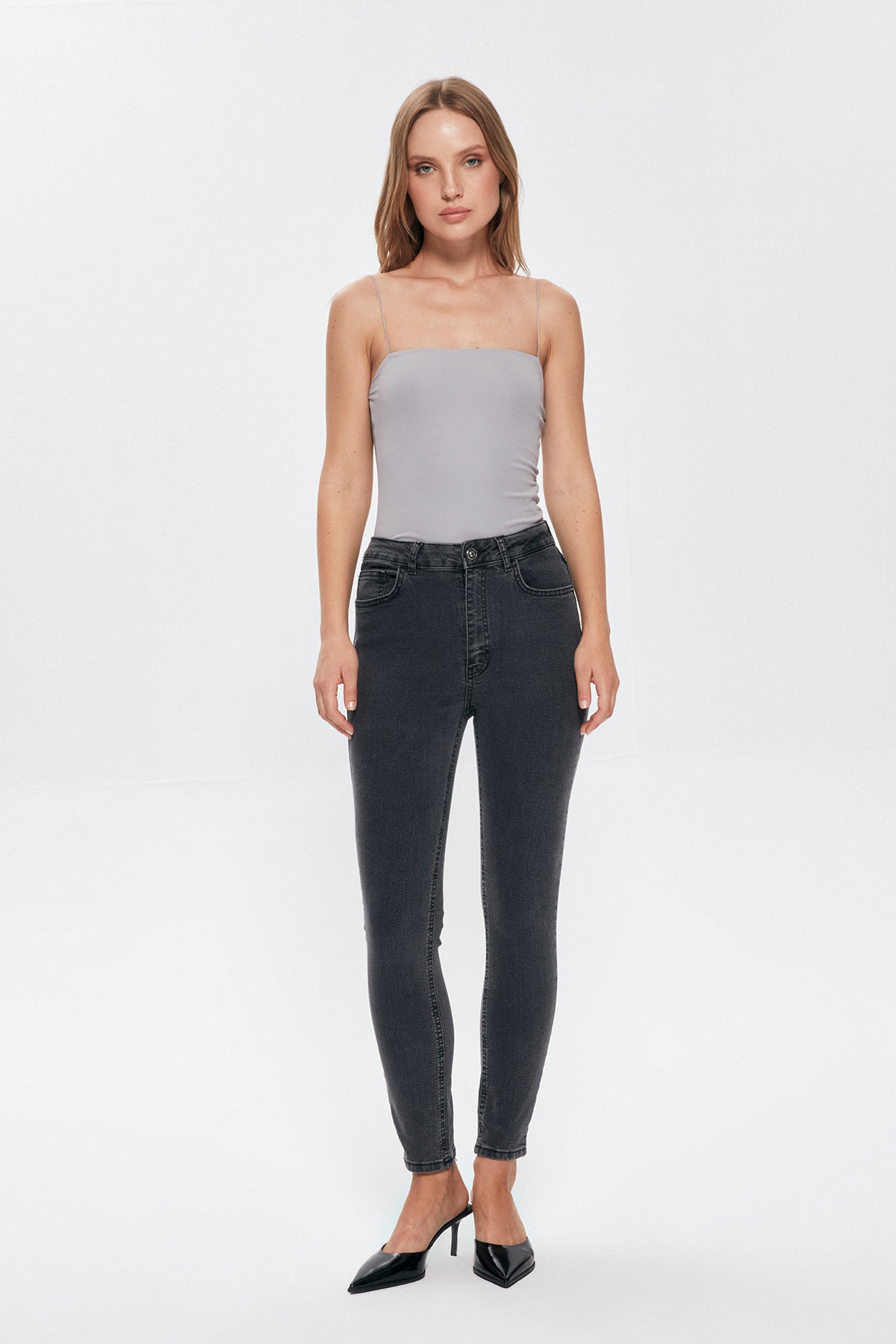 High Waist Slim Leg Jeans Trousers Gray