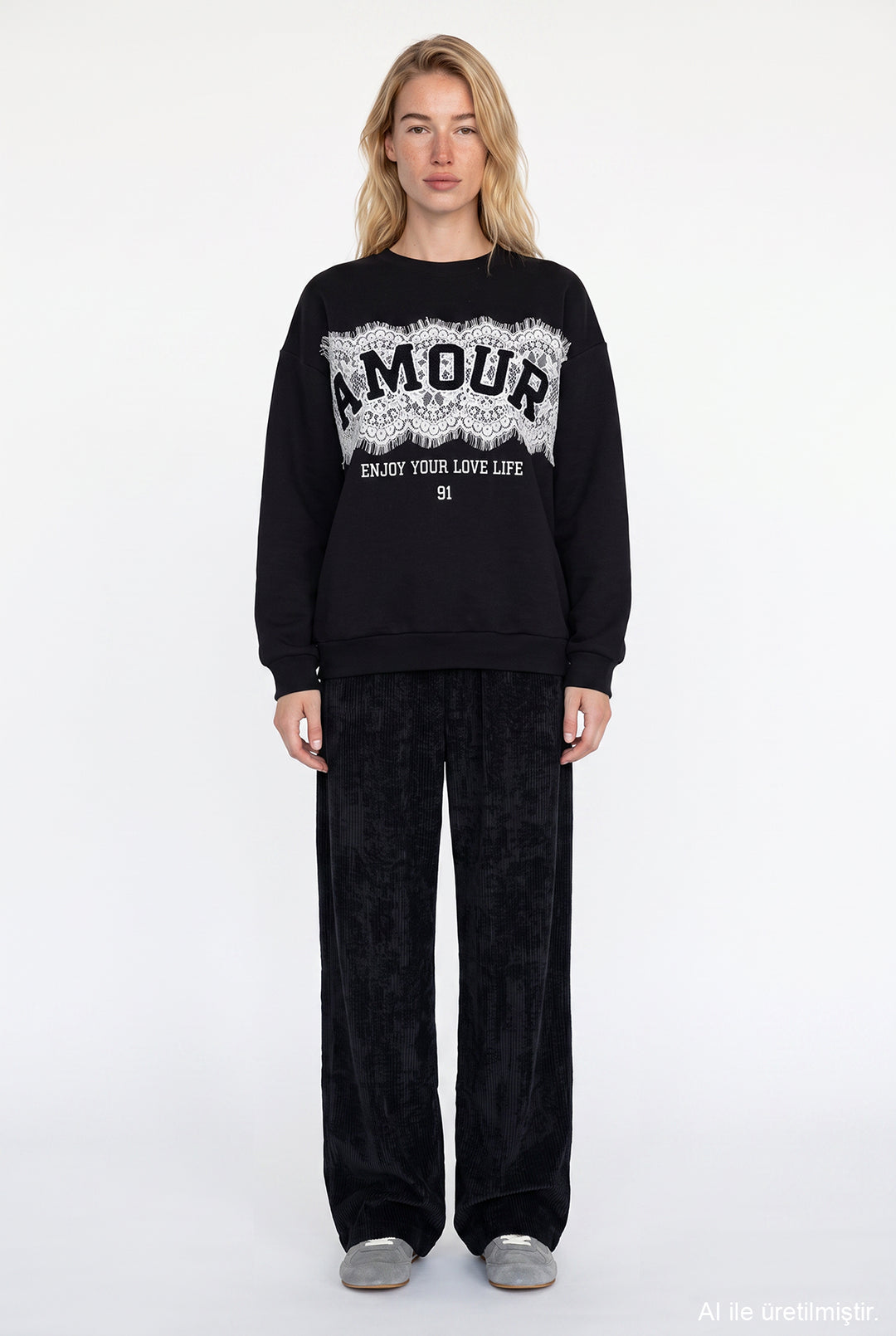Dantel Aplikeli Oversize Sweatshirt Siyah