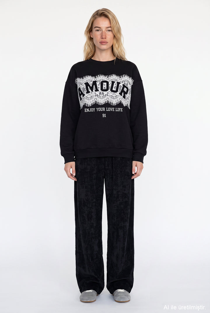 Dantel Aplikeli Oversize Sweatshirt Siyah