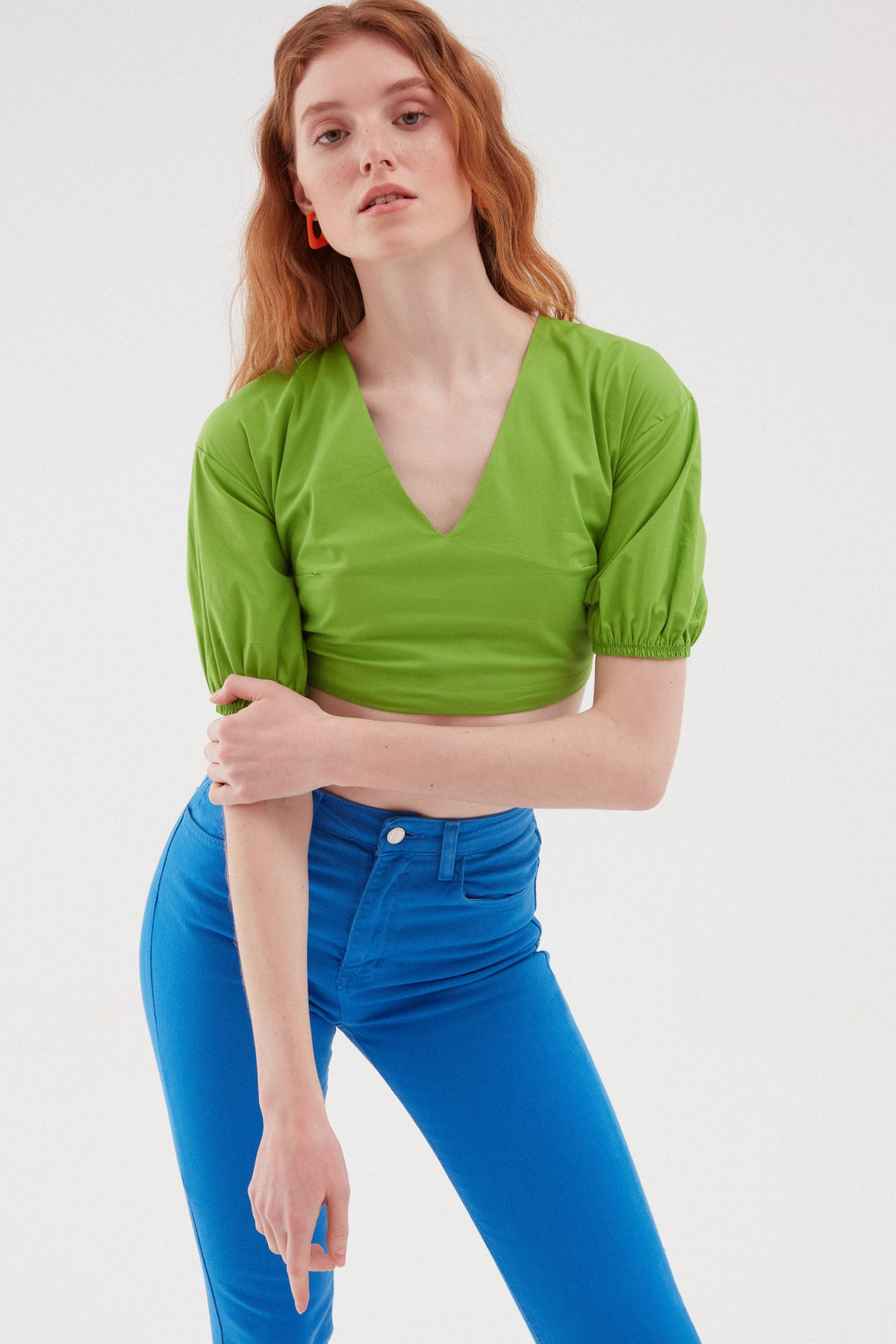 Balloon Sleeve Low Back Blouse Green