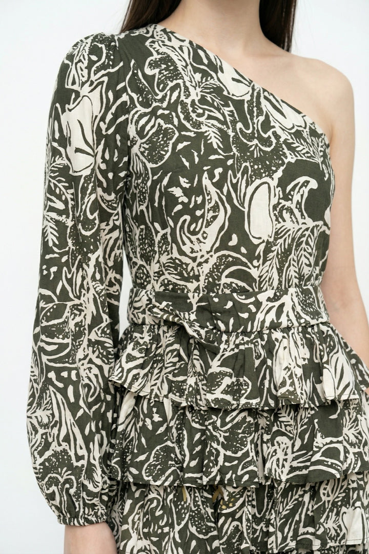 Tek Omuz Desenli Fırfırlı Mini Elbise Haki