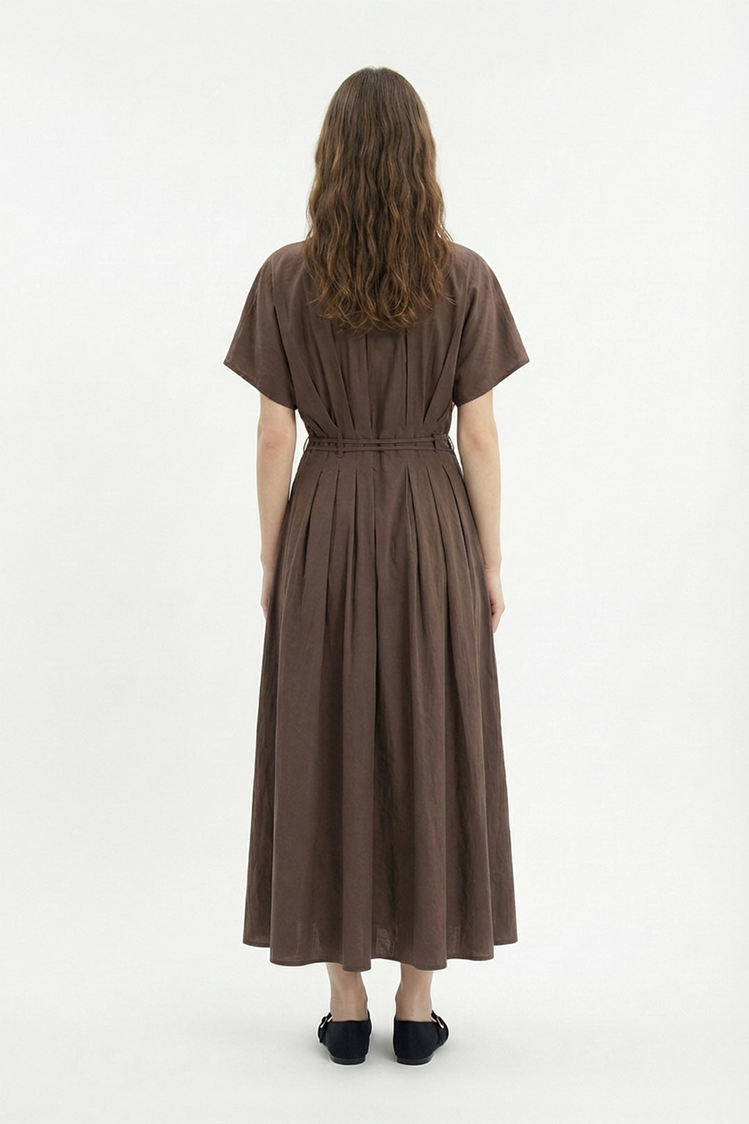 Beli Bağcıklı V Yaka Midi Elbise Kahverengi