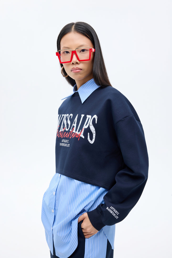 Çizgili Gömlek Garnili Yazı Baskılı Oversize Sweatshirt Mavi