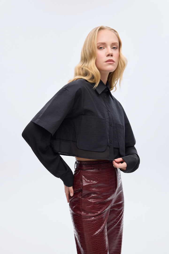 Çift Kat Görünümlü Crop Gömlek Siyah