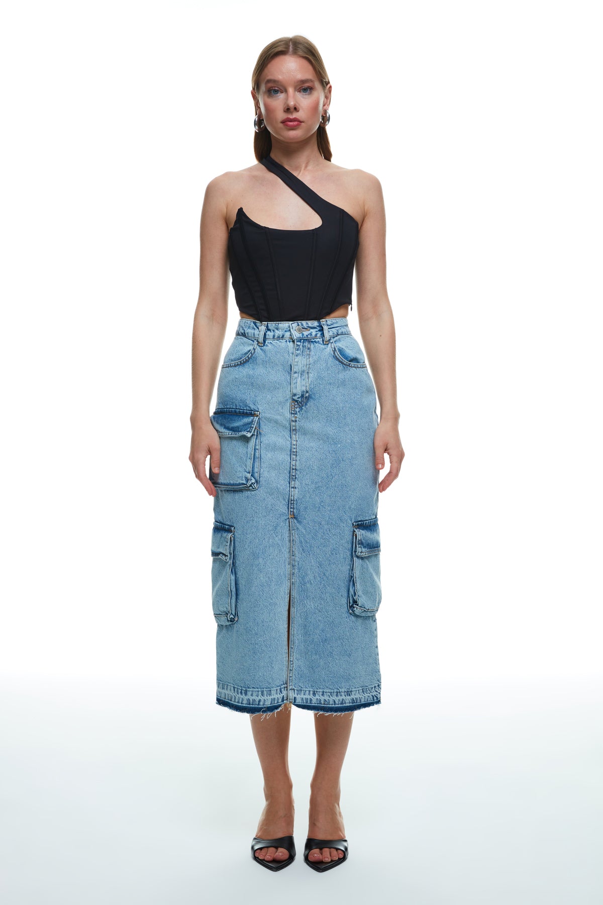 Cargo Pocket Detailed Slit Midi Denim Skirt Blue