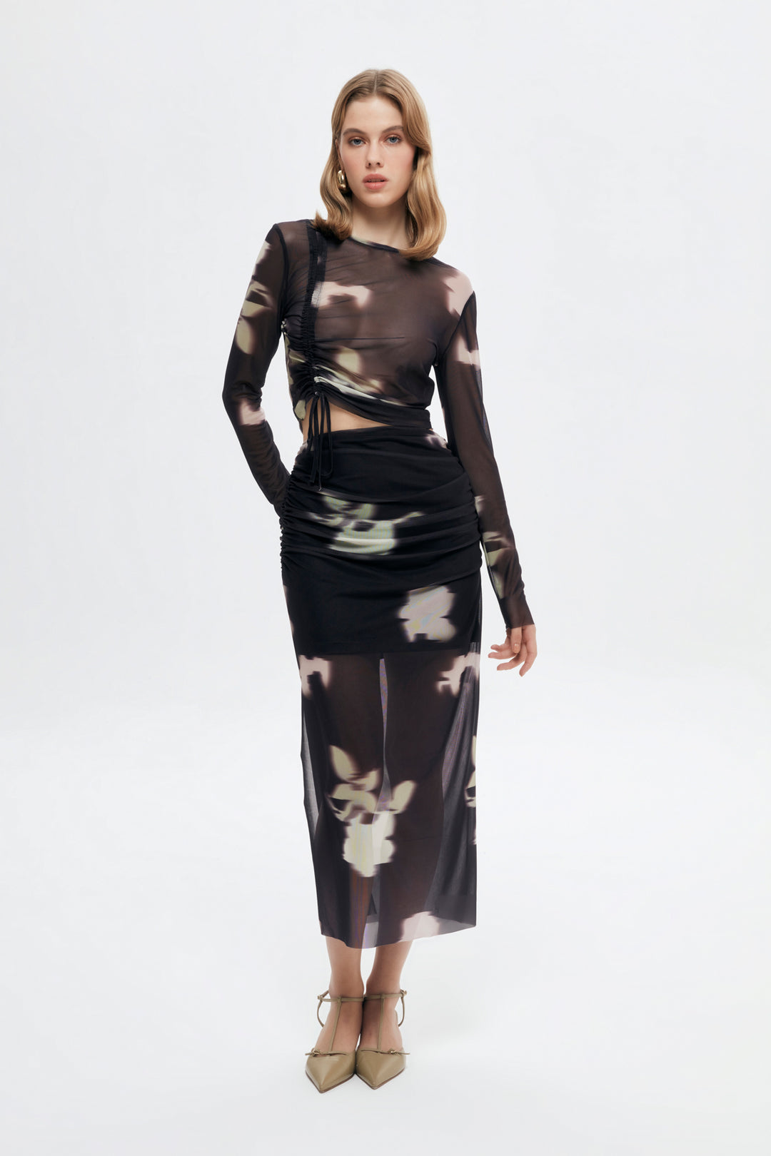 Gathering Detailed Tulle Blouse Black