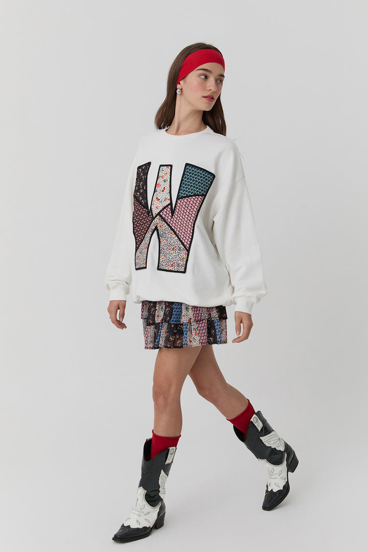 Çiçek Desenli Nakışlı Oversize Sweatshirt Ekru
