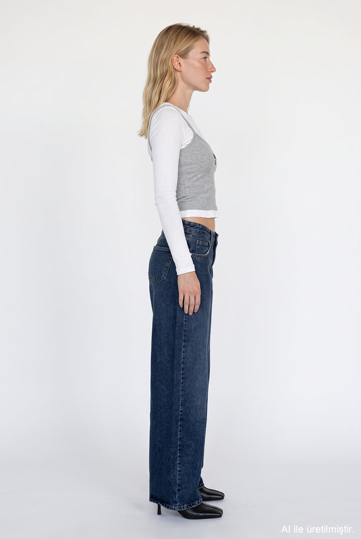 Yüksek Bel Wide Leg Kot Pantolon Lacivert
