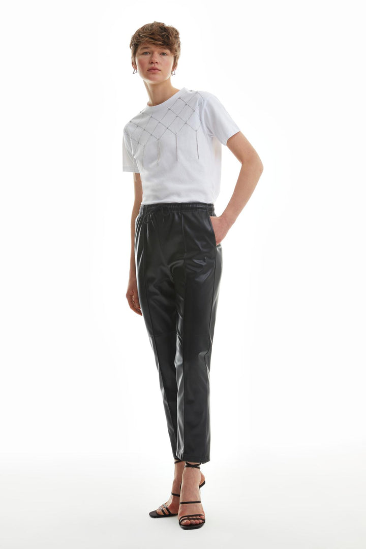 Elastic Waist Leather Trousers Black