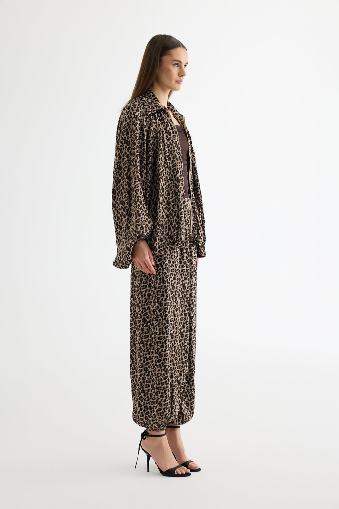 Leopar Desenli Saten Bomber Ceket Kahverengi