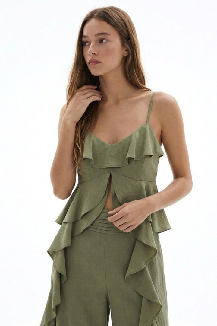 Askılı Volanlı Asimetrik Bluz Haki