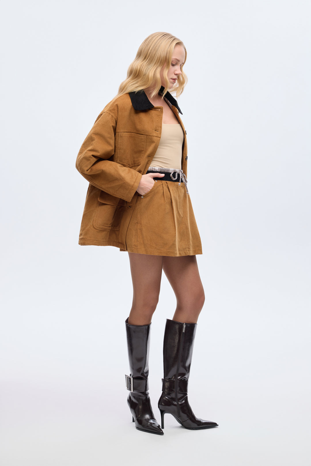 Ekose Bağcıklı Kadife Mini Etek Kahverengi