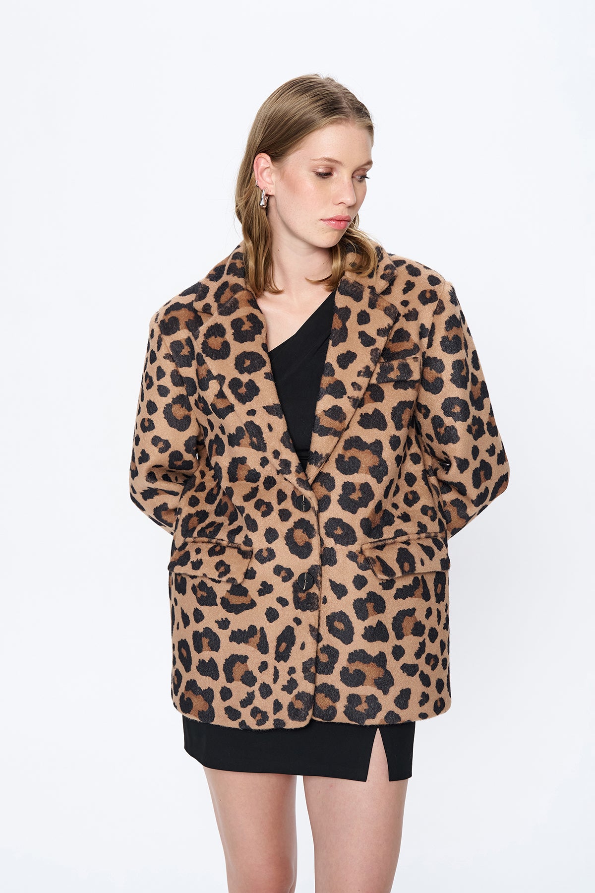 Leopar Desenli Oversize Kaşe Blazer Ceket Camel