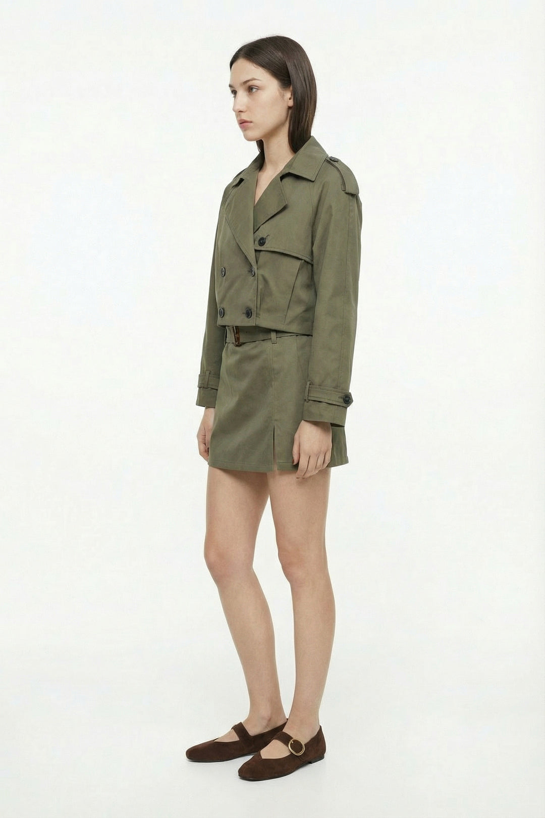 Kemerli Ön Yırtmaçlı Mini Şort Etek Haki