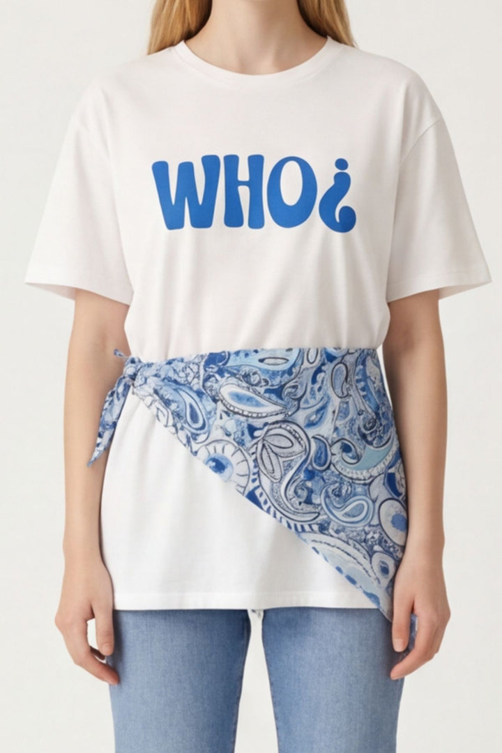 Şal Bağlamalı Yazı Baskılı Oversize Tişört Ekru