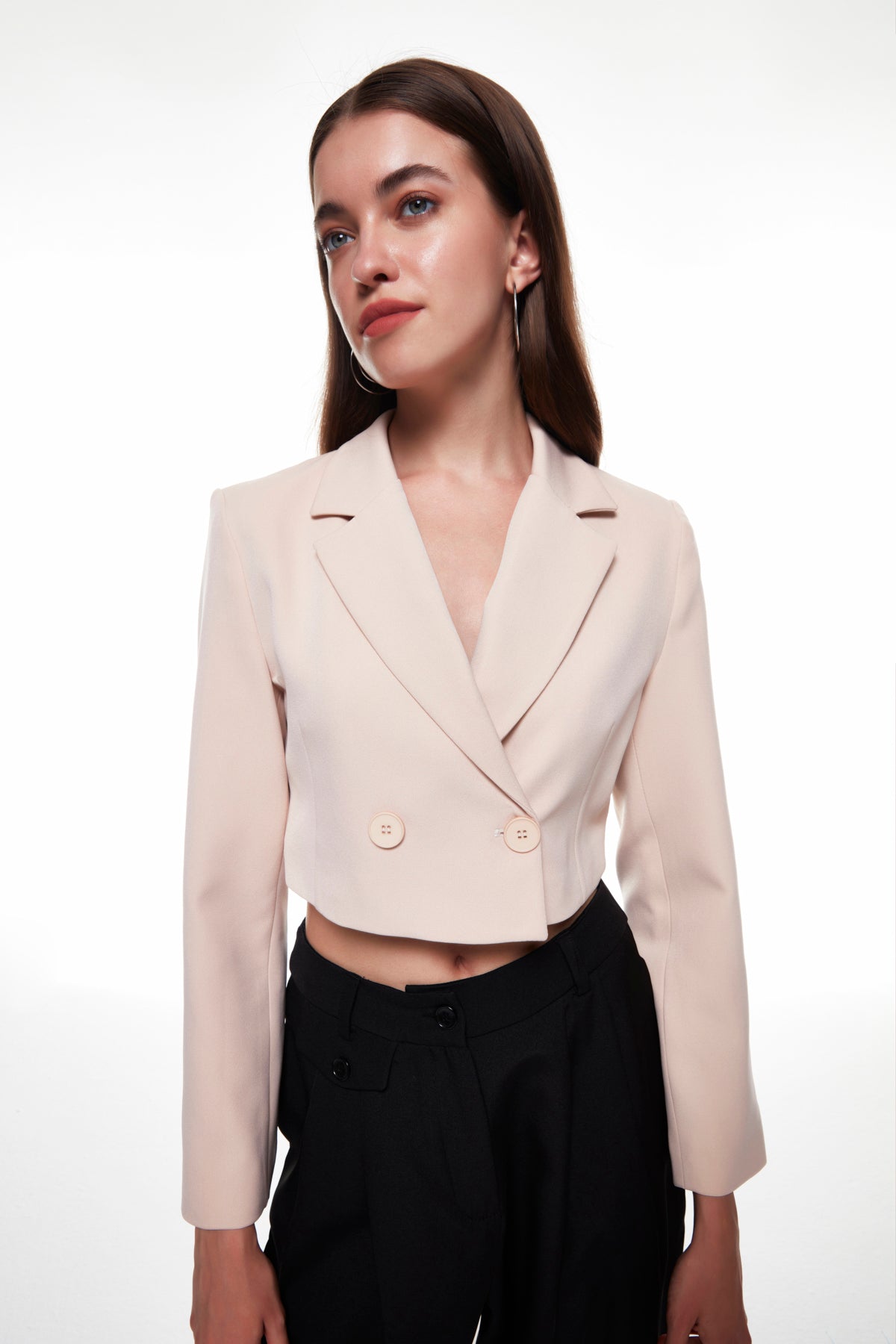 Double Breasted Crop Blazer Jacket Beige