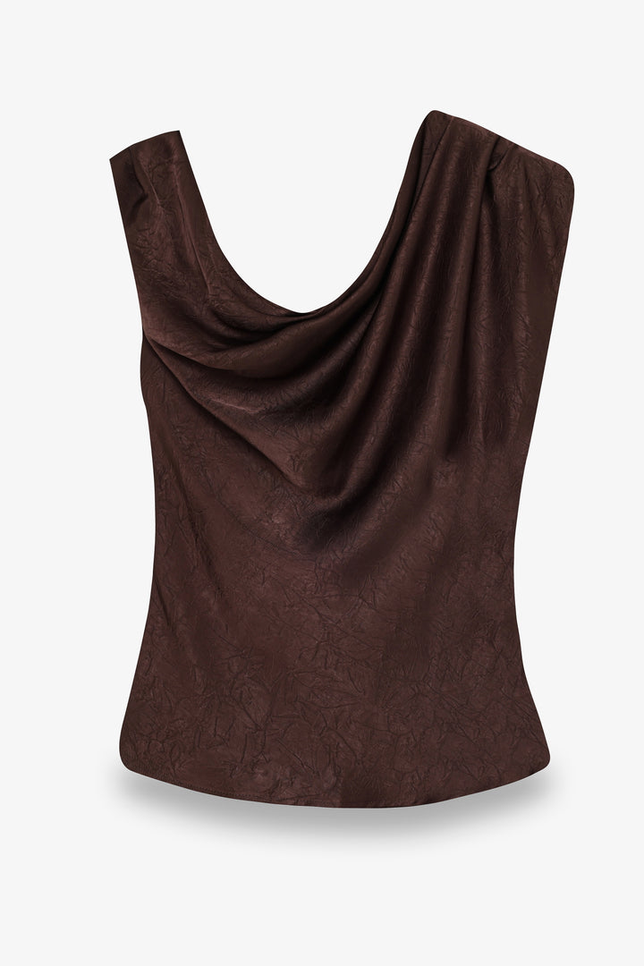 Asimetrik Drapeli Aksesuarlı Saten Bluz Kahverengi