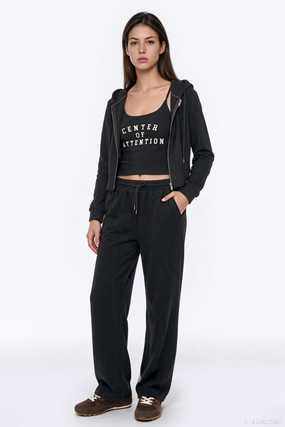 Kapüşonlu Fermuarlı Kısa Sweatshirt Kahverengi