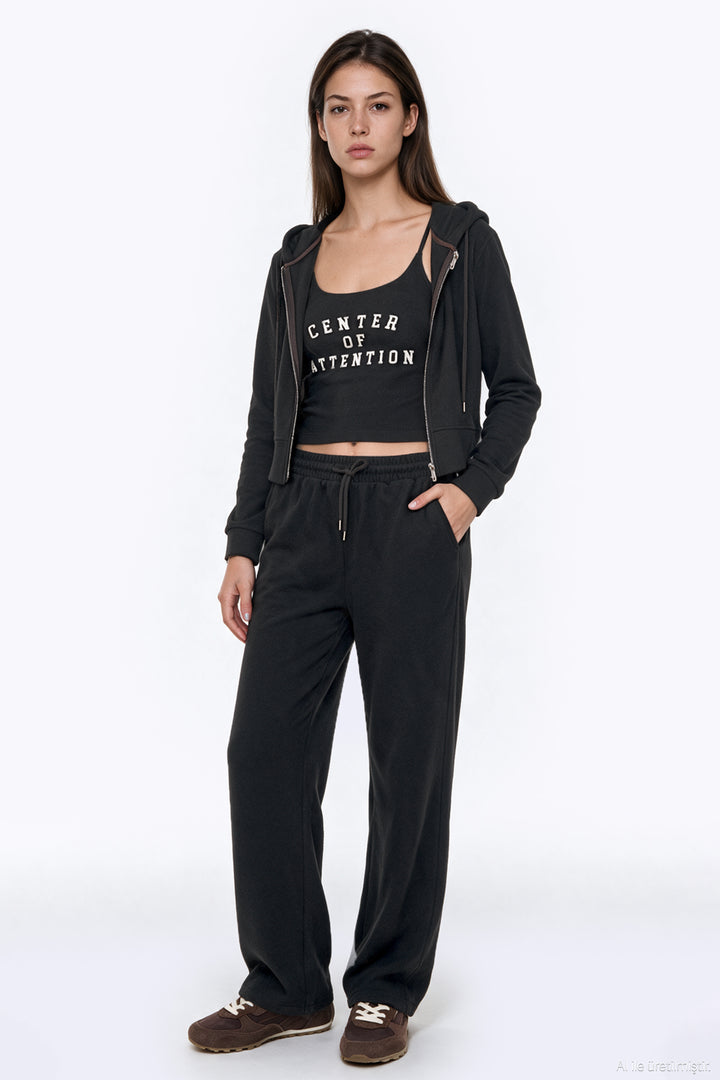 Kapüşonlu Fermuarlı Kısa Sweatshirt Kahverengi