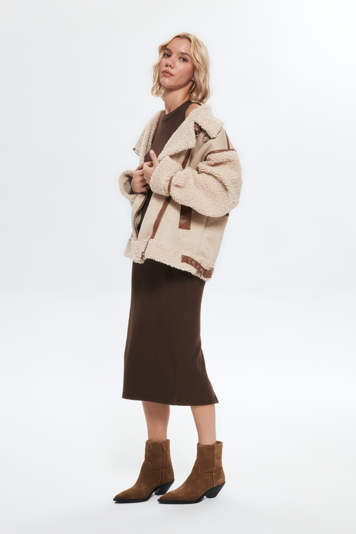 Stitched Short Coat with Plush Detail on Sleeves Beige