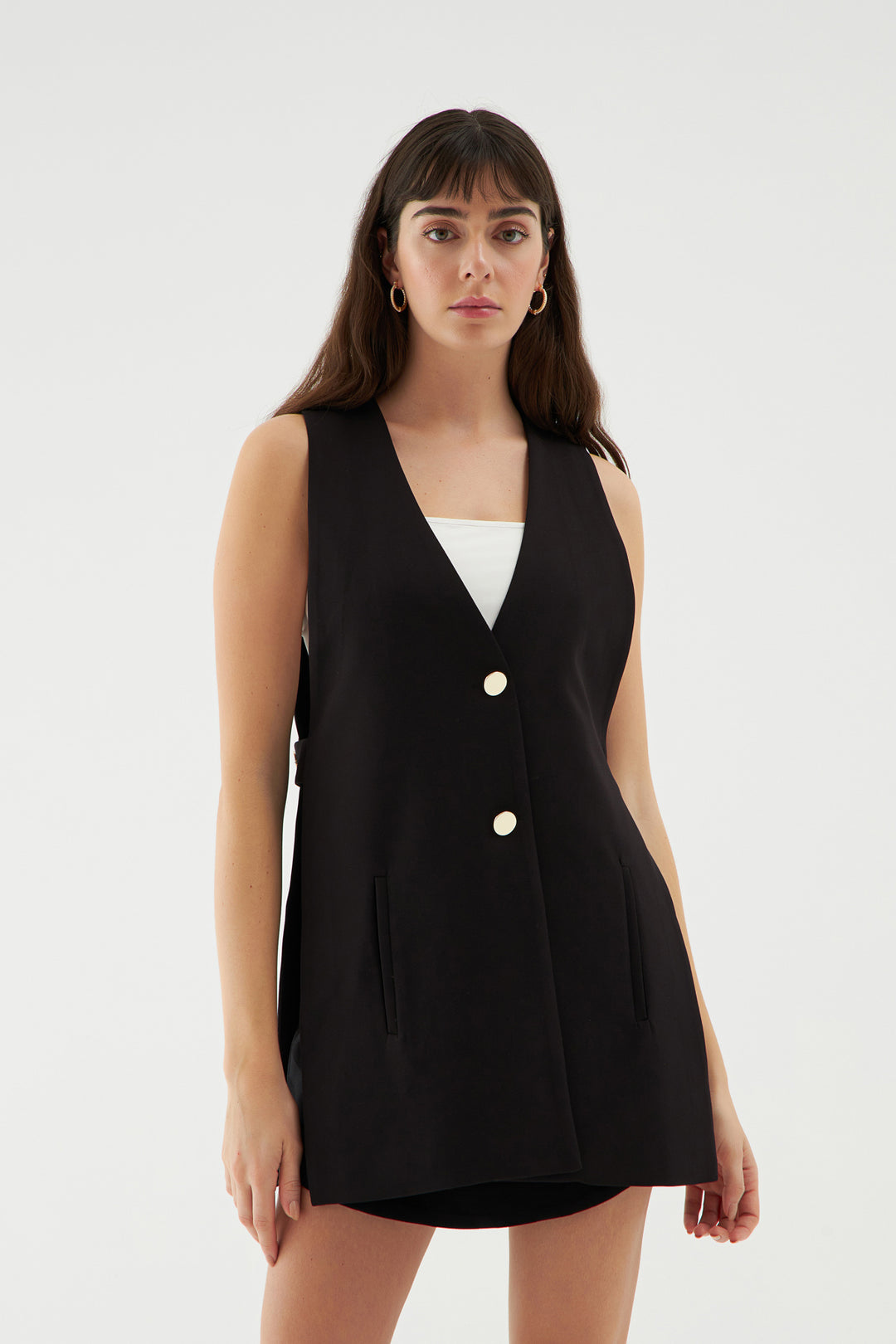 Yanları Açık Düğmeli Yelek Ceket Siyah