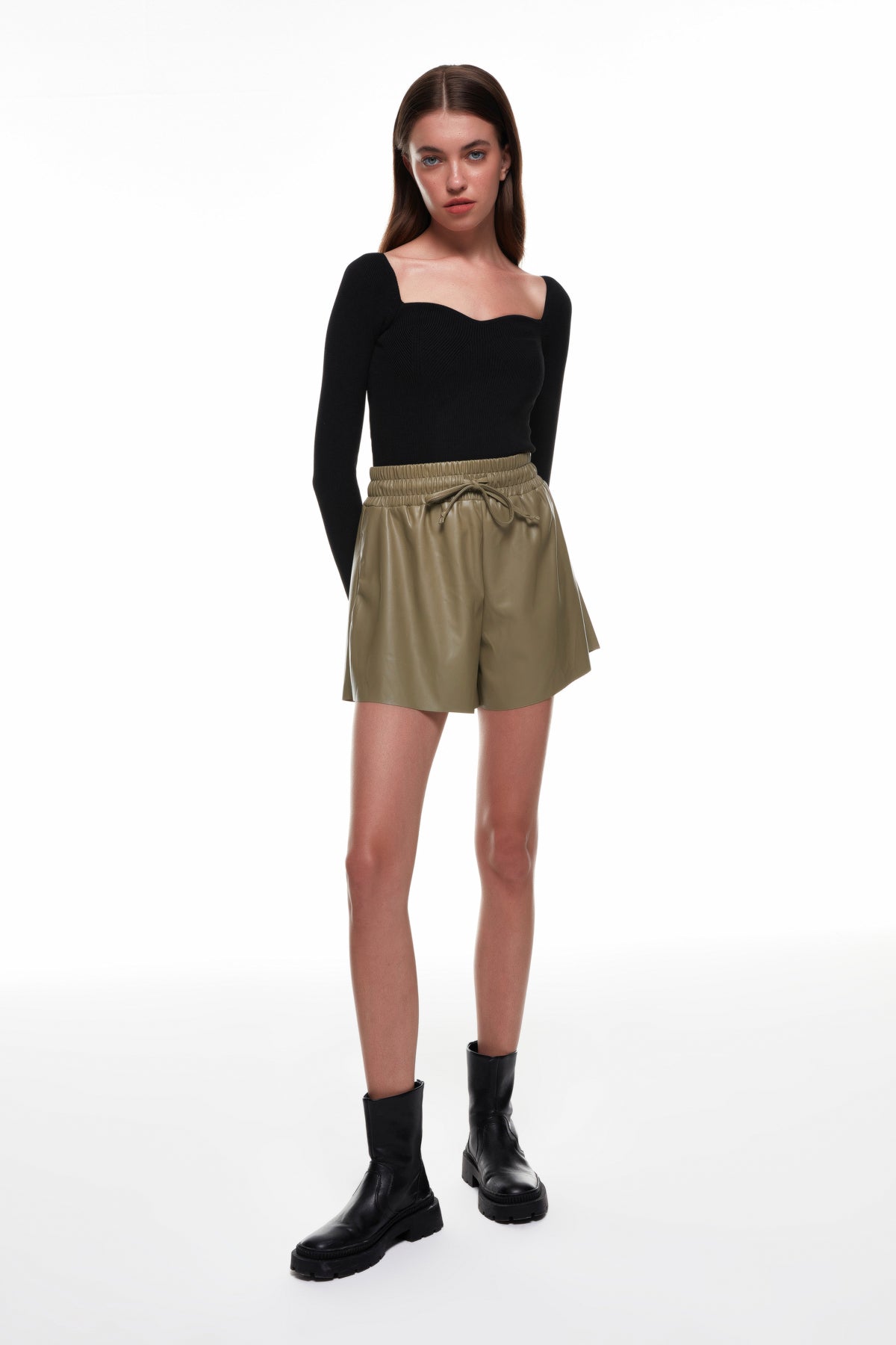 Elastic Waist Leather Mini Shorts Khaki