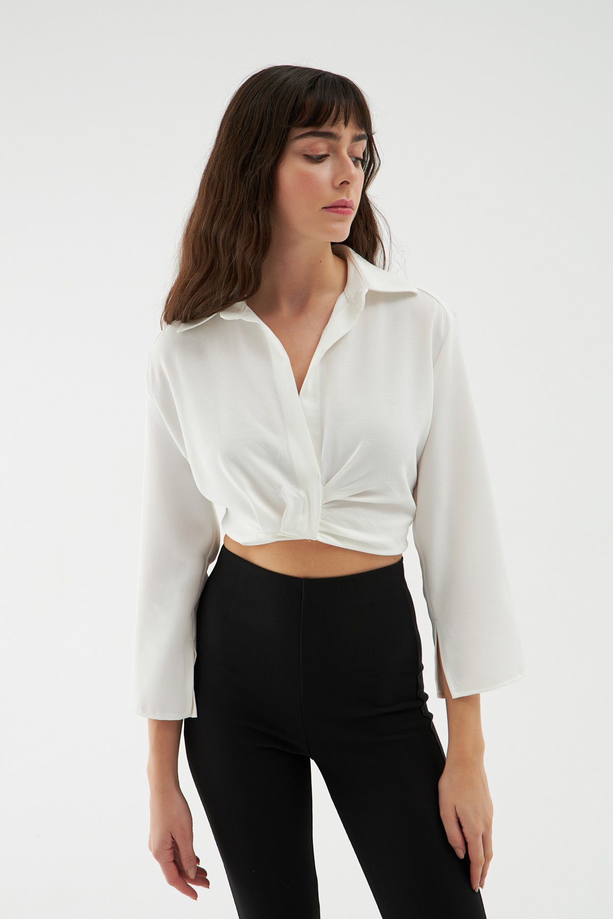 Elastic Waist Crop Shirt White