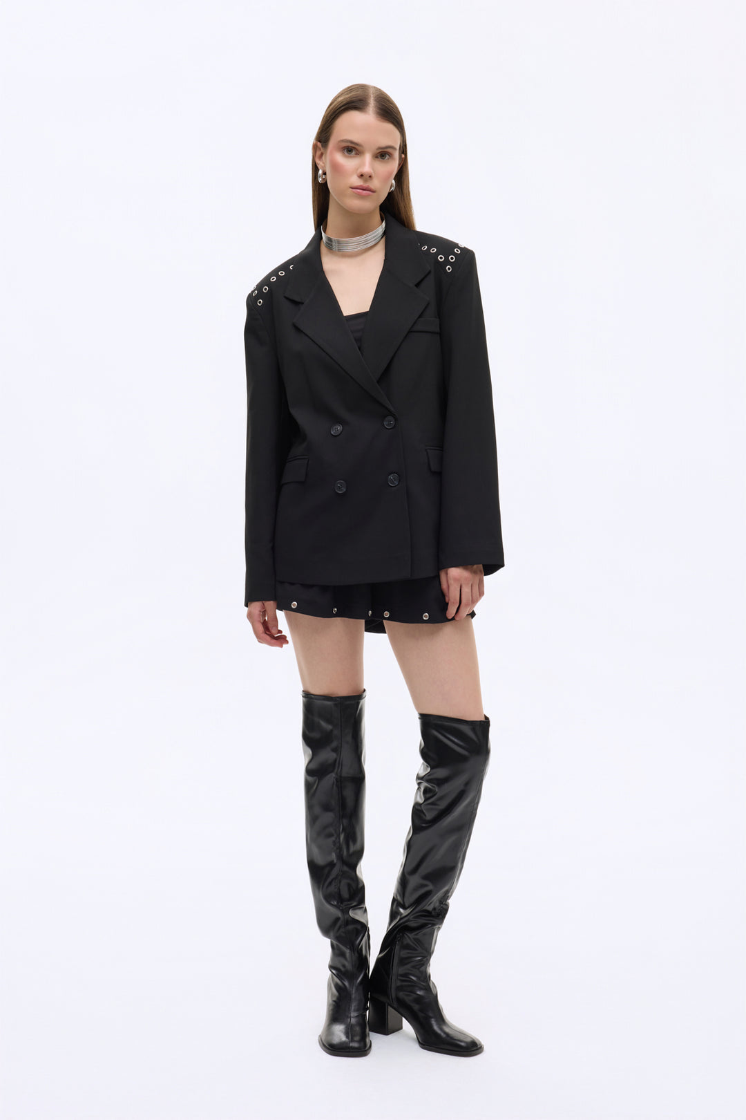 Kuş Gözü Detaylı Çift Düğmeli Oversize Blazer Ceket Siyah