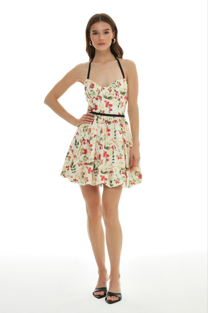 Patterned Strap Balloon Dress Cream