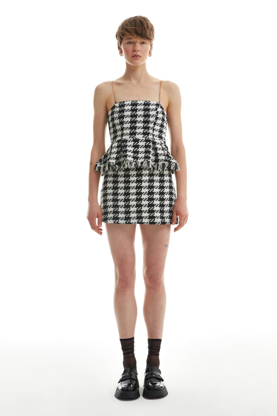 Gingham Tweed Short Skirt Ecru