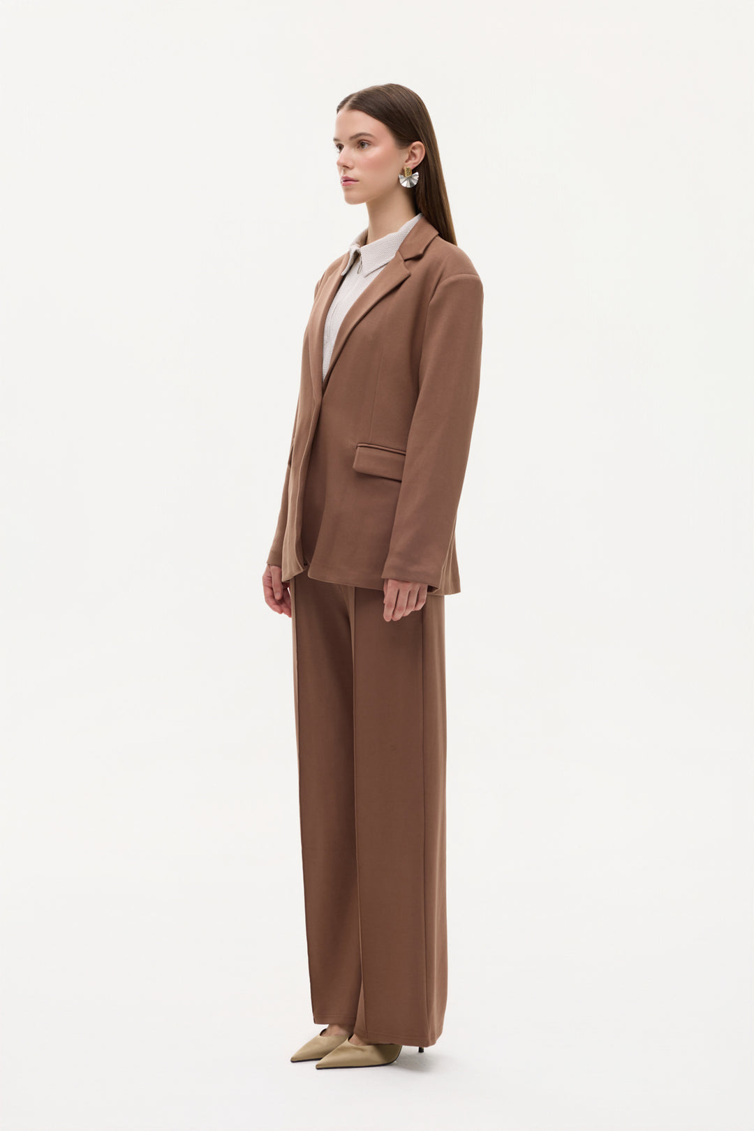 Tek Düğmeli Yumuşak Dokulu Oversize Blazer Ceket Kahverengi