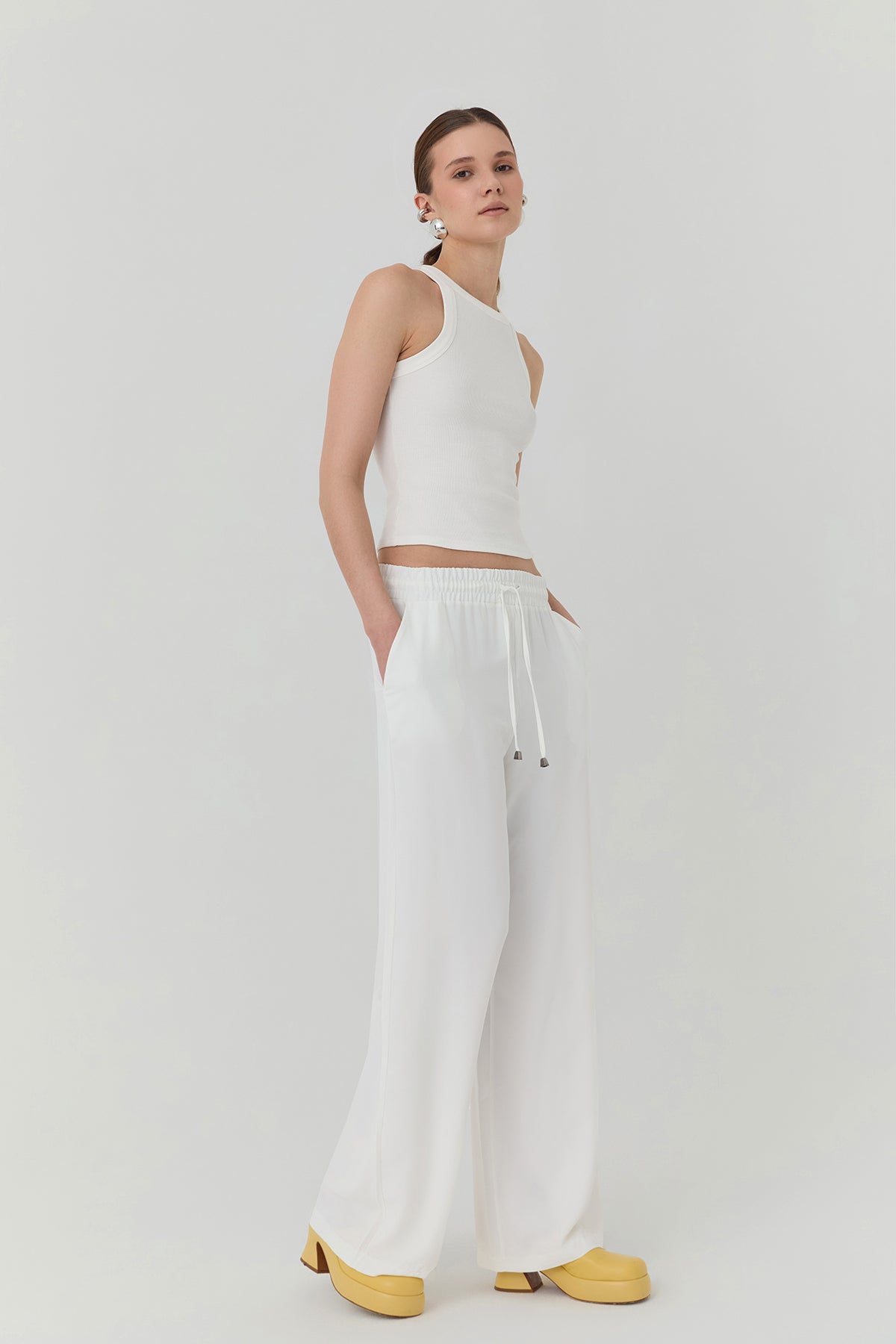 Elastic Waist Wide Leg Trousers White