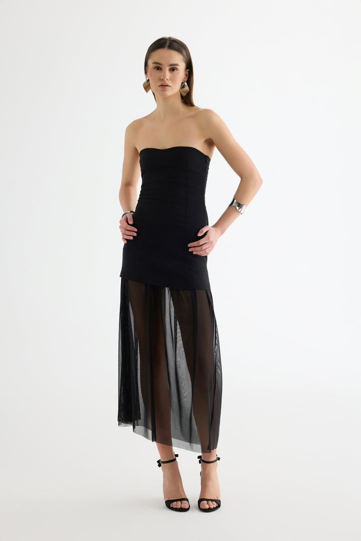 Straplez Kombine Midi Elbise Siyah