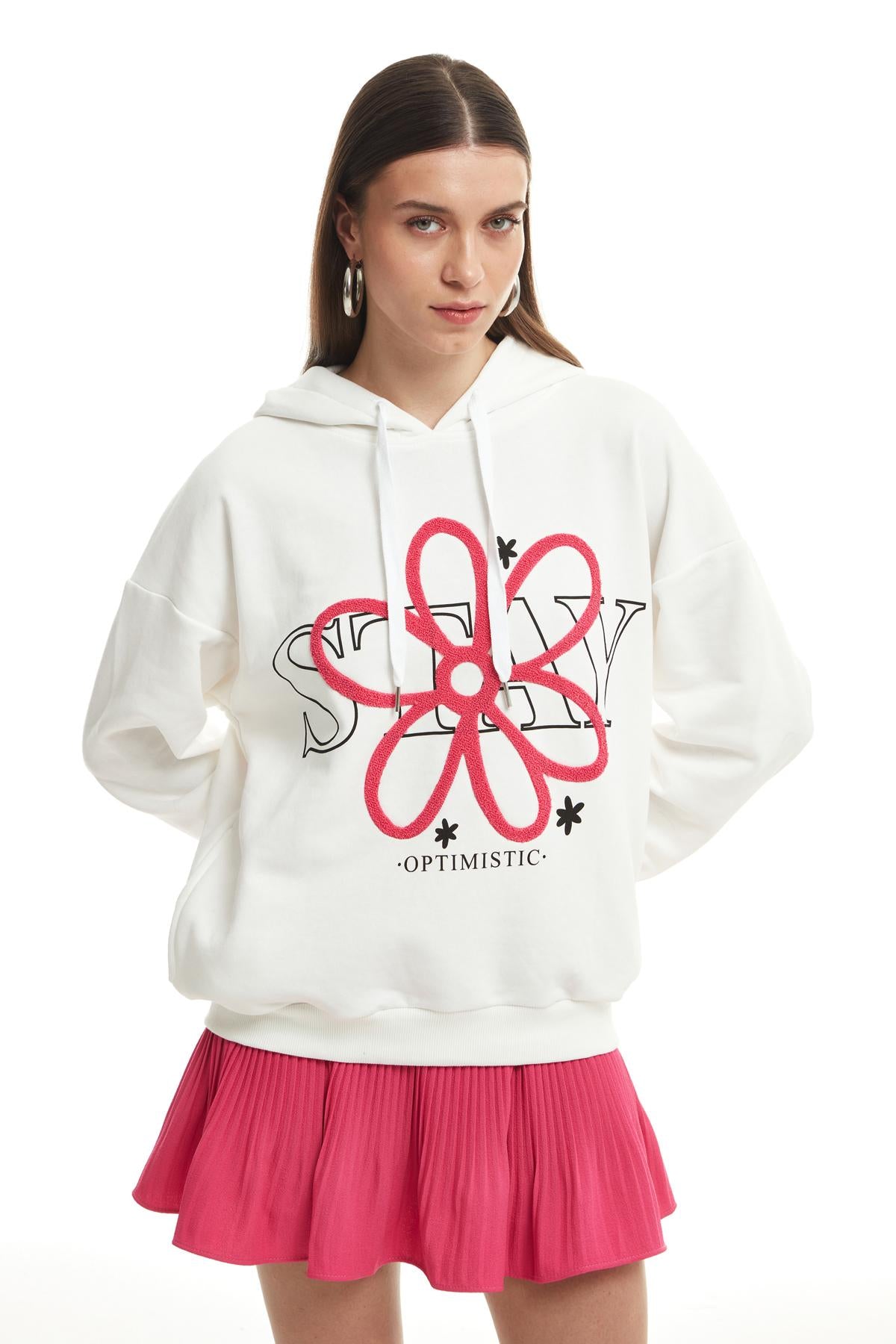 Print Detailed Hoodie Sweatshirt Ecru