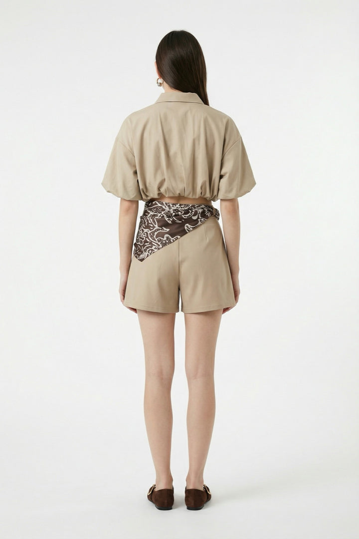 Fermuarlı Balon Kesim Crop Ceket Bej