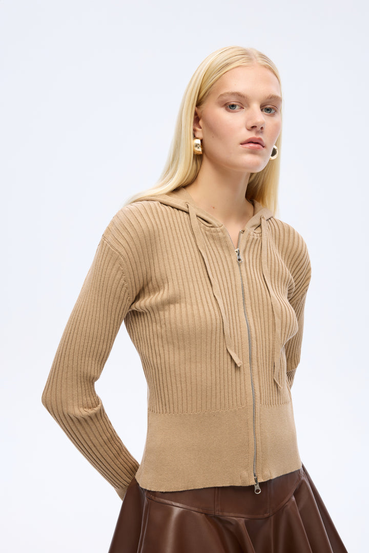 Fermuarlı Kapüşonlu Triko Hırka Vizon