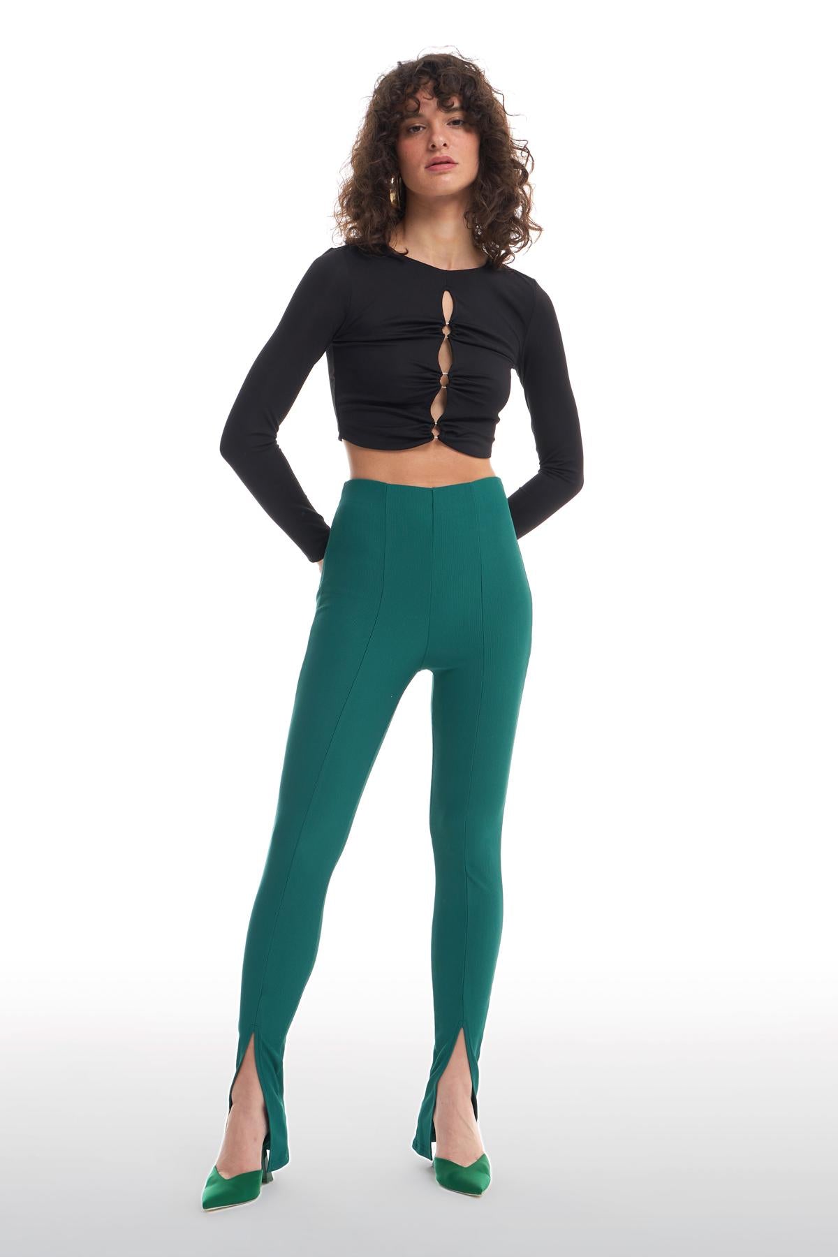 Elastic Waist Slit Trousers Dark Green