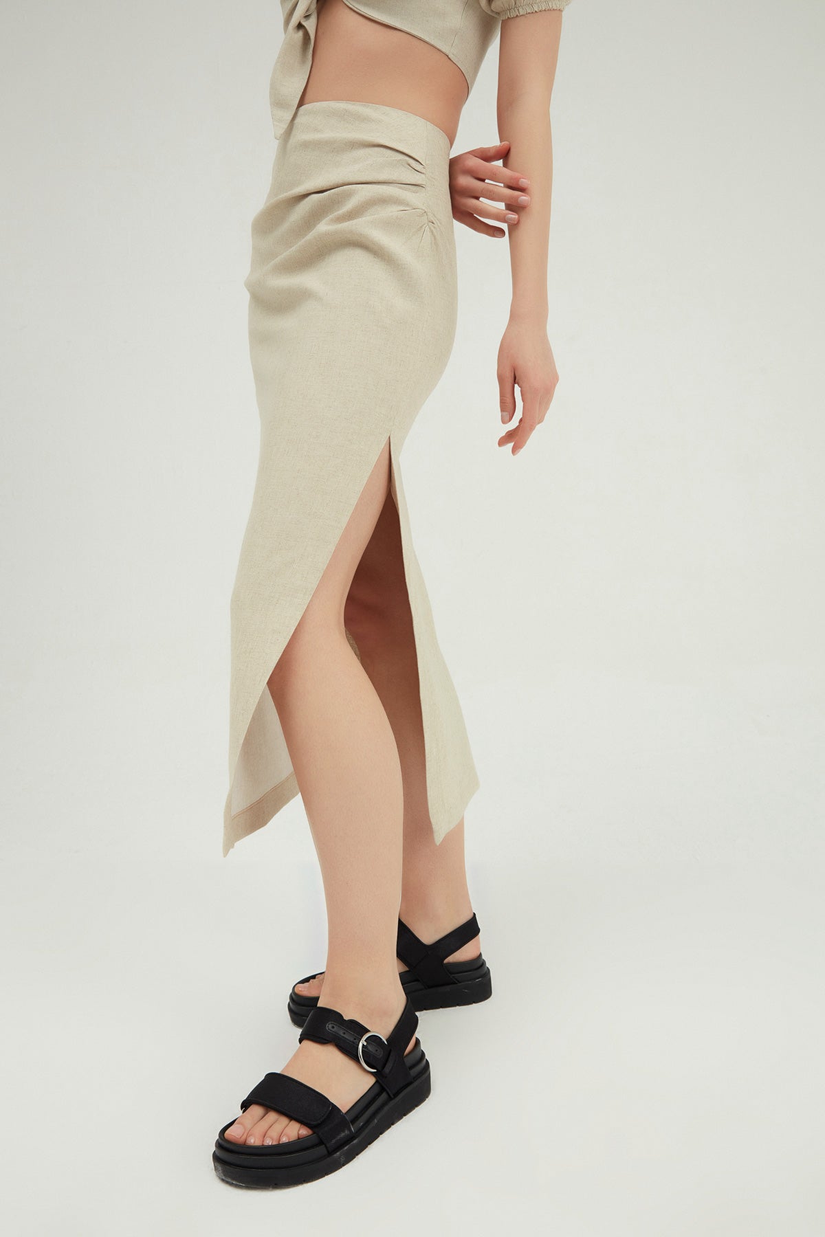 Slit Linen Midi Skirt Natural